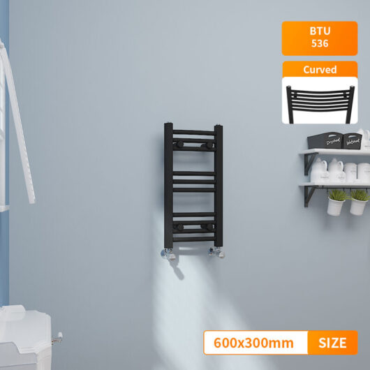 600x300mm Modern Curved Heated Towel Rail Designer Bathroom Radiator Black