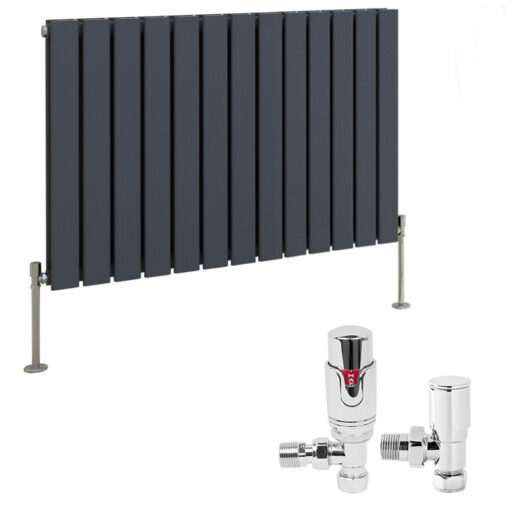 Anthracite Designer Flat Panel Radiator + Thermostatic TRV Radiator Valves Chrome Angled Horizontal 600x884mm Double