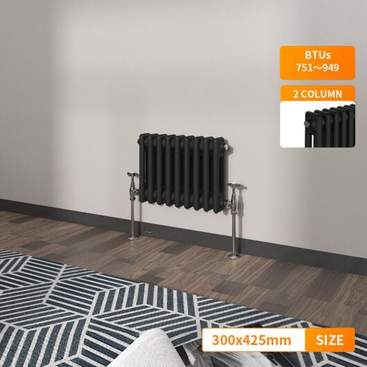 Black 2 Column Traditional Cast Iron Style Horizontal Vintage Radiator Rad 300 x 425mm - NRG