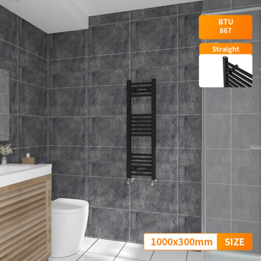 NRG - 1000x300mm Black Heated Towel Rail Radiator Straight Bathroom Heating Rad