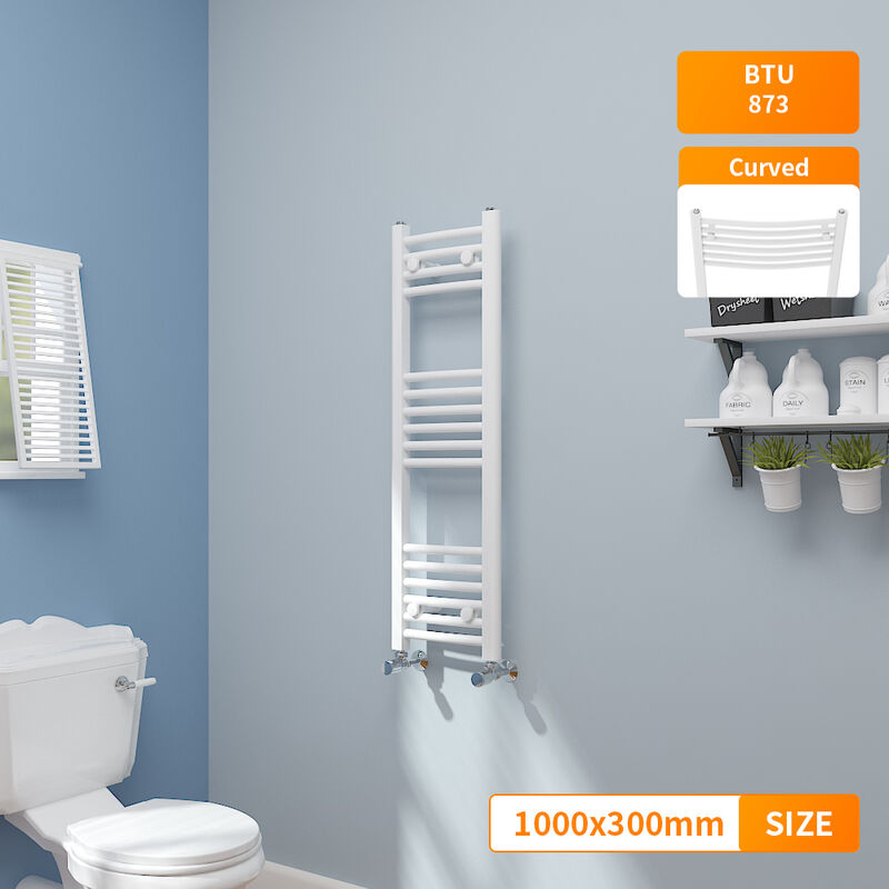 NRG - 1000x300mm White Heated Towel Rail Radiator Curved Bathroom Heating Rad