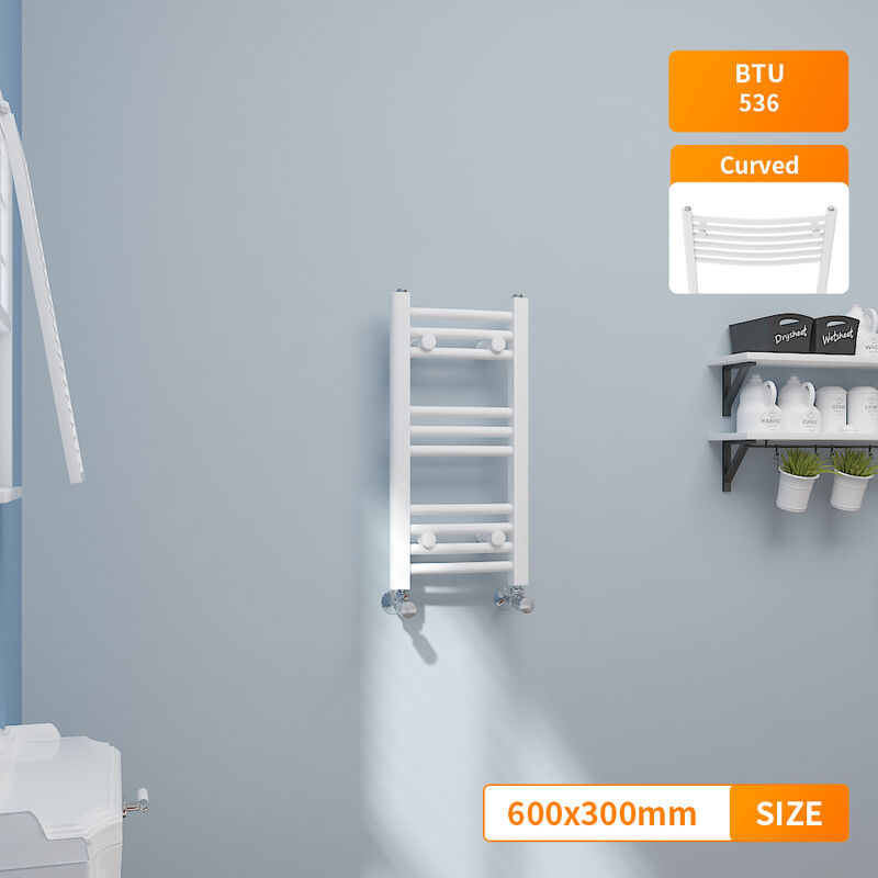 NRG - 600x300mm Modern Curved Heated Towel Rail Designer Bathroom Radiator White