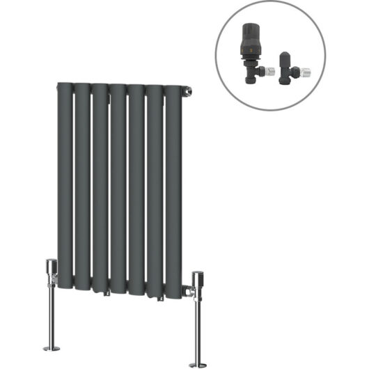 NRG - Designer Oval Column Radiator Central Heating Rad Anthracite with Angled Thermostatic Valves Horizontal Single 600x413mm