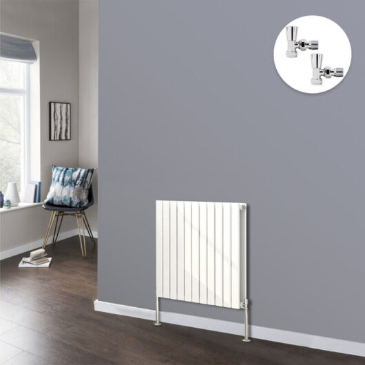 NRG - Flat Panel Designer Radiator Bathroom Central Heating Radiators White with Angled Manual Pair of Valves 600 x 748mm Horizontal Double