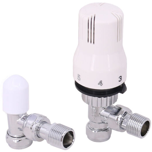 White + Chrome Angled Thermostatic Radiator Valve 15mm - Warmehaus