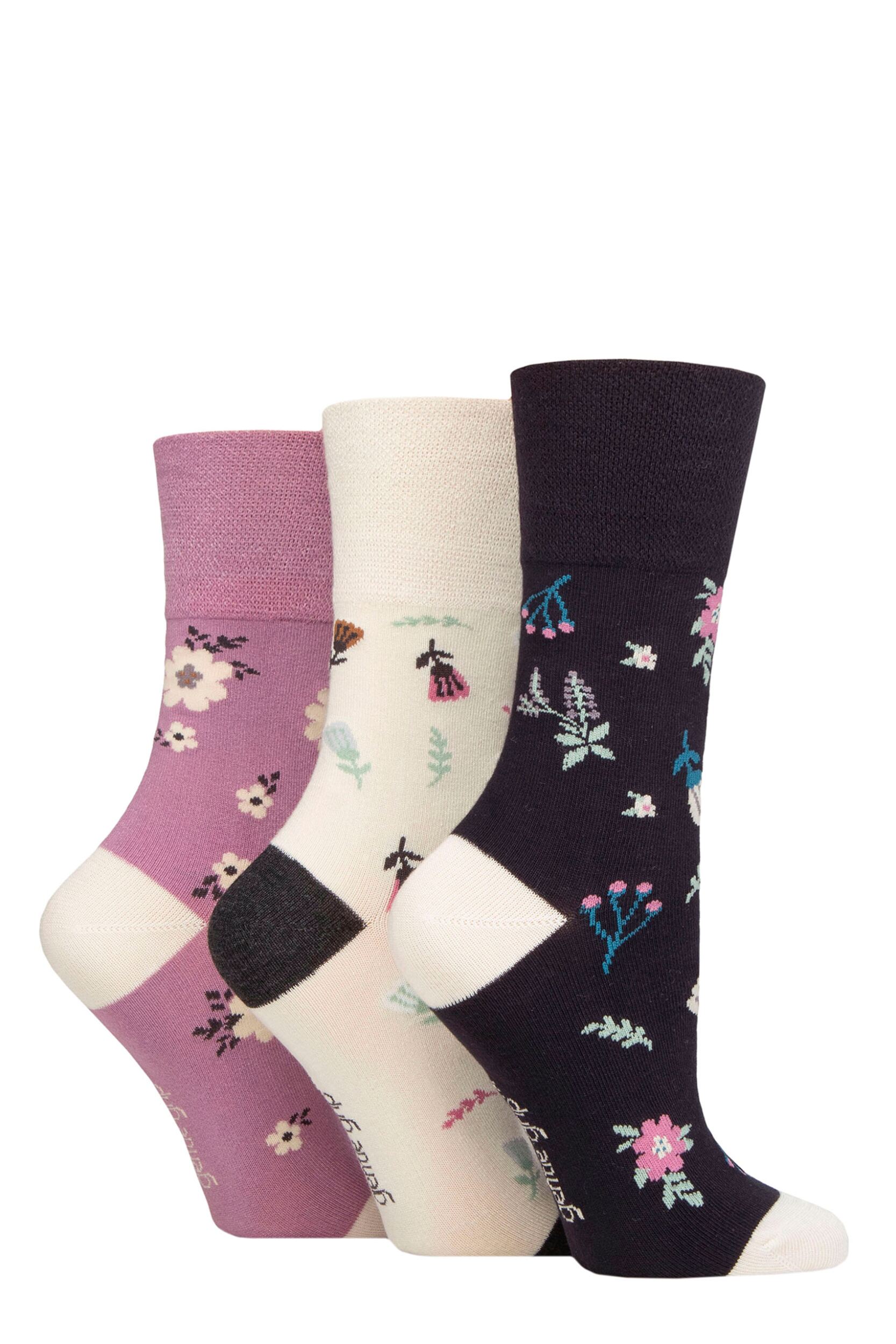 Women's 3 Pair Gentle Grip Patterned Bamboo Socks Botanical Bloom 4-8