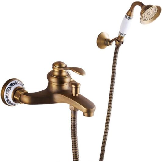 Bathtub Faucet - Shower Faucet with Hand Shower, Brass Single Handle Bathtub Mixer Tap Wall Mounted with Bracket and 1.5M Hose, for Bathroom, Antique