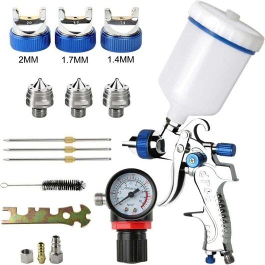 Mumu - Professional 600 cc with 3 nozzles 1.4 mm, 1.7 mm, 2.0 mm, gravity feed spray gun with air regulator for car furniture painting