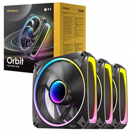 Antec Orbit 120 ARGB 120 mm PWM Fan Triple Pack (MPN: 0-761345-40059-6) - 120 mm x 28 mm Fluid Dynamic Bearing 2002000 RPM 66.72 CFM aRGB Lighting Anti-Vibration Pads