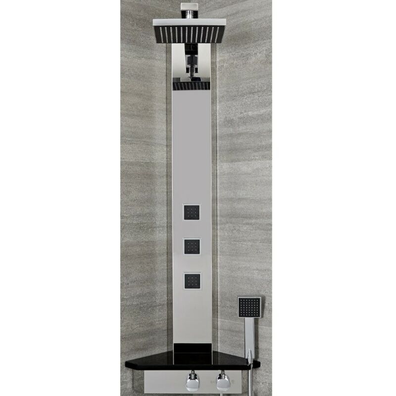 Milano - Astley - Modern Corner Thermostatic Shower Tower Panel with Rainfall Shower Head Hand Shower Handset and Body Jets - Chrome & Black