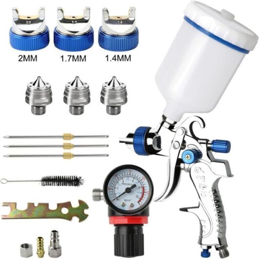 [NEVER USED] Professional 600cc with 3 Nozzles 1.4mm 1.7mm 2.0mm, Gravity Feed Spray Gun with Air Regulator for Painting Automatic Furniture,