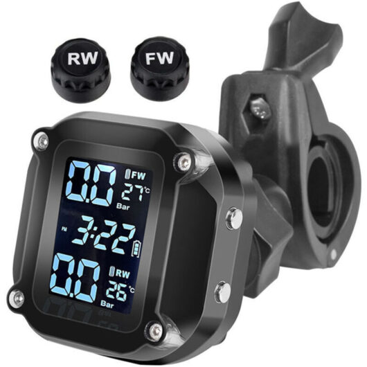 Waterproof motorcycle tire pressure monitoring system with 7 alarm modes, wireless TPMS, automatic wake-up and sleep mode, magnetic charging port
